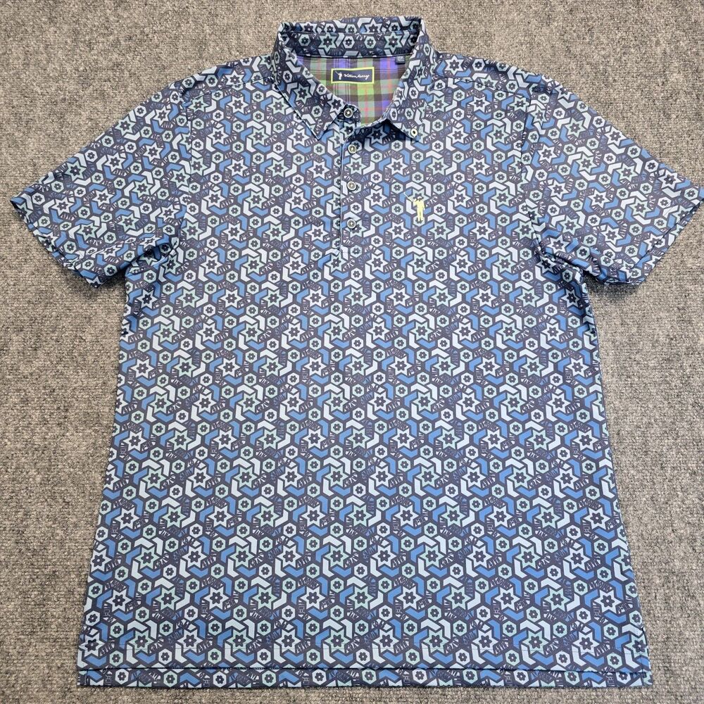 William Murray Golf Short Sleeve Blue Geometric Polo Shirt Mens Sz L Stretch